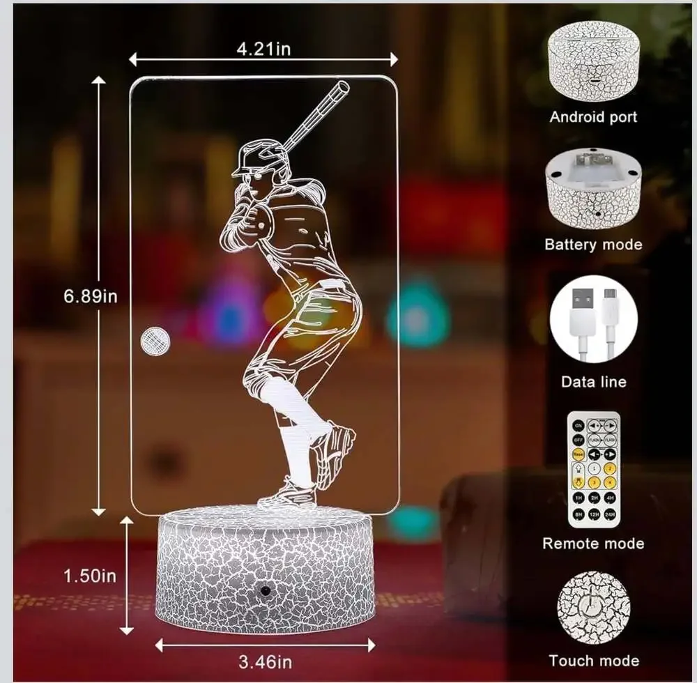 FlyonSea Baseball Player 3D Illusion LED Night Light with Remote Control